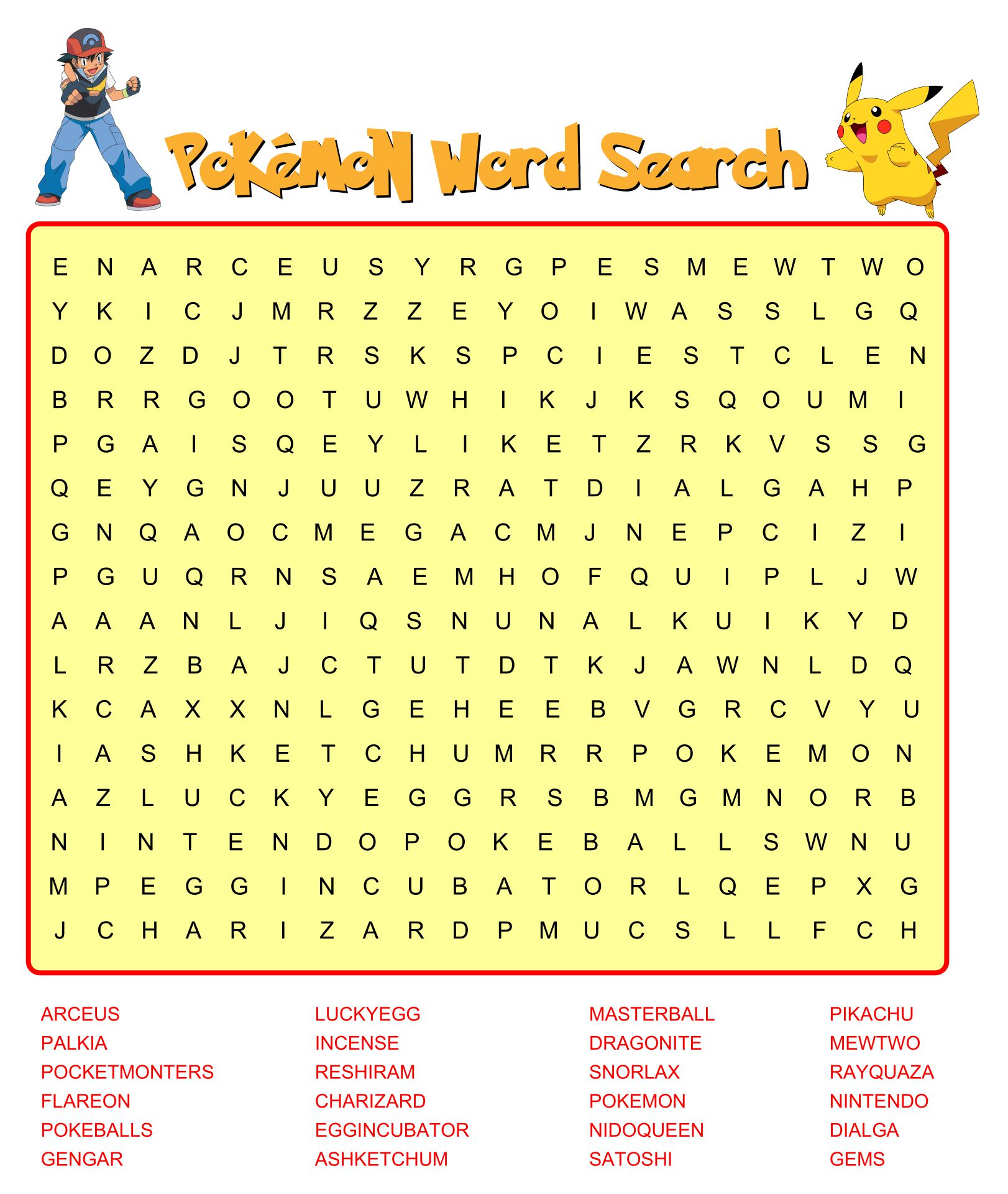 Pokemon Word Search Free Printable