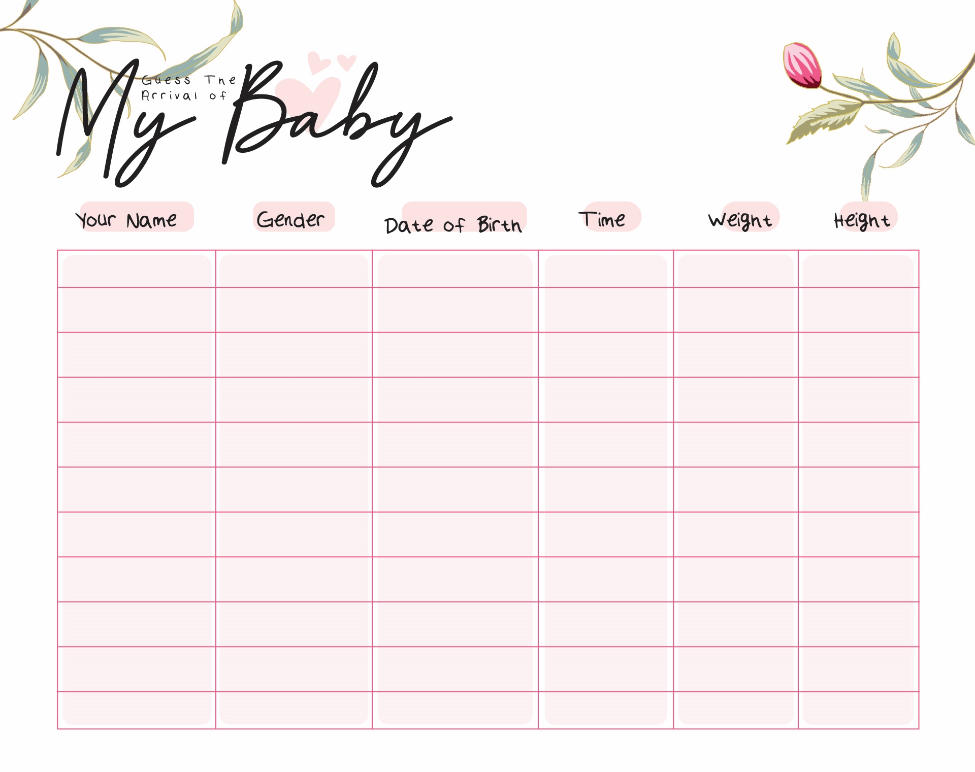 Guess Baby Weight Chart Template