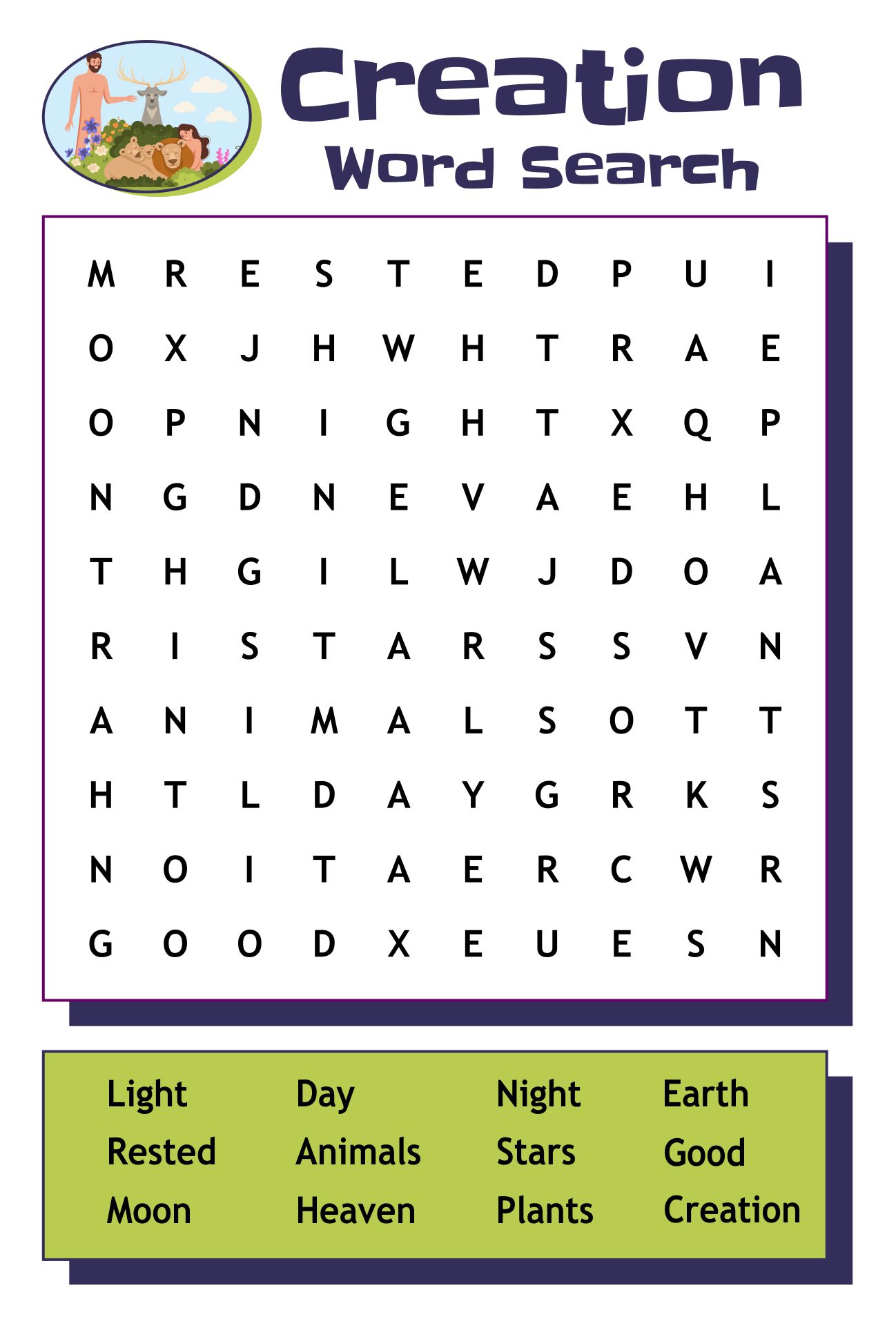 creation sunday word printable bible days crossword puzzles puzzle genesis christmas printablee via words