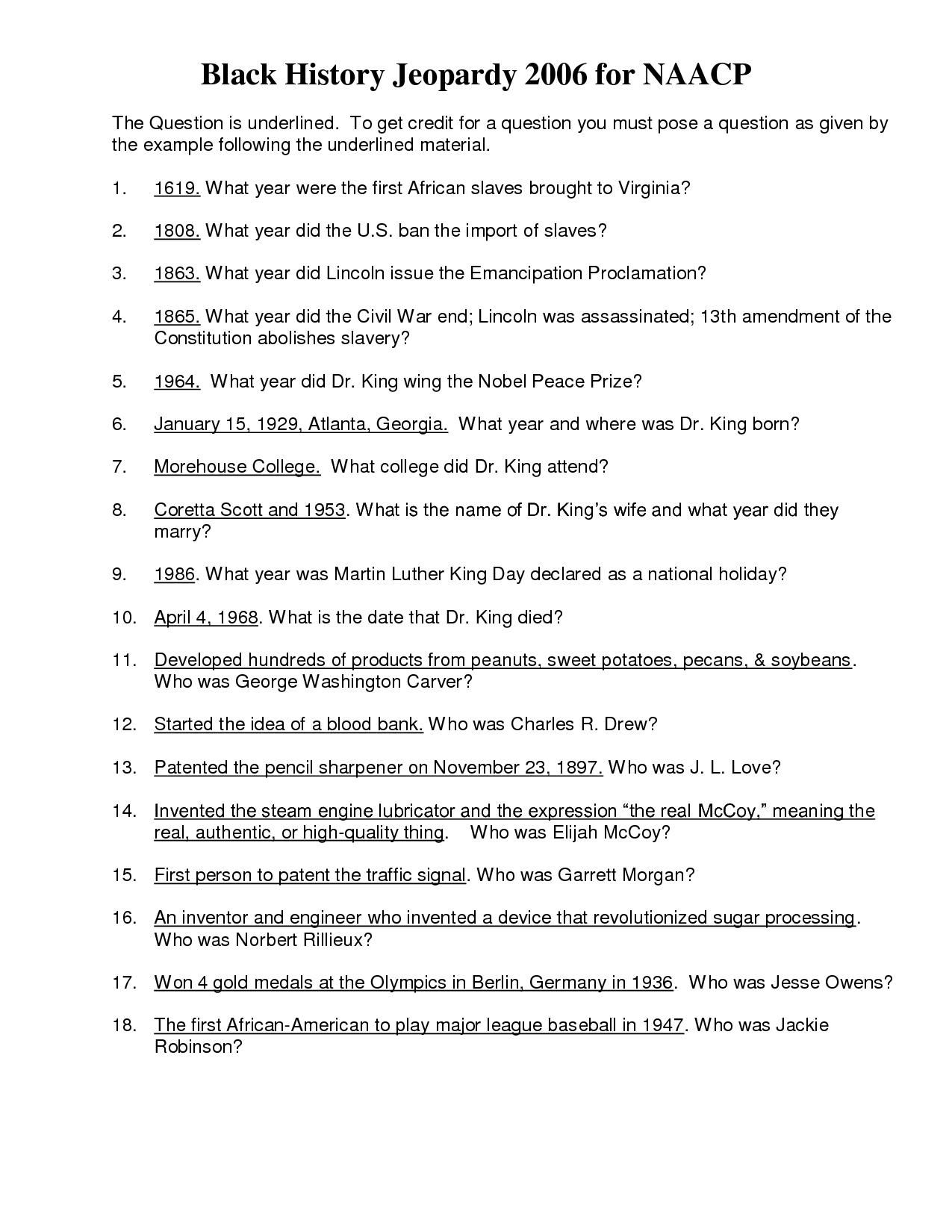 Printable Black History Trivia Questions and Answers That are Clean