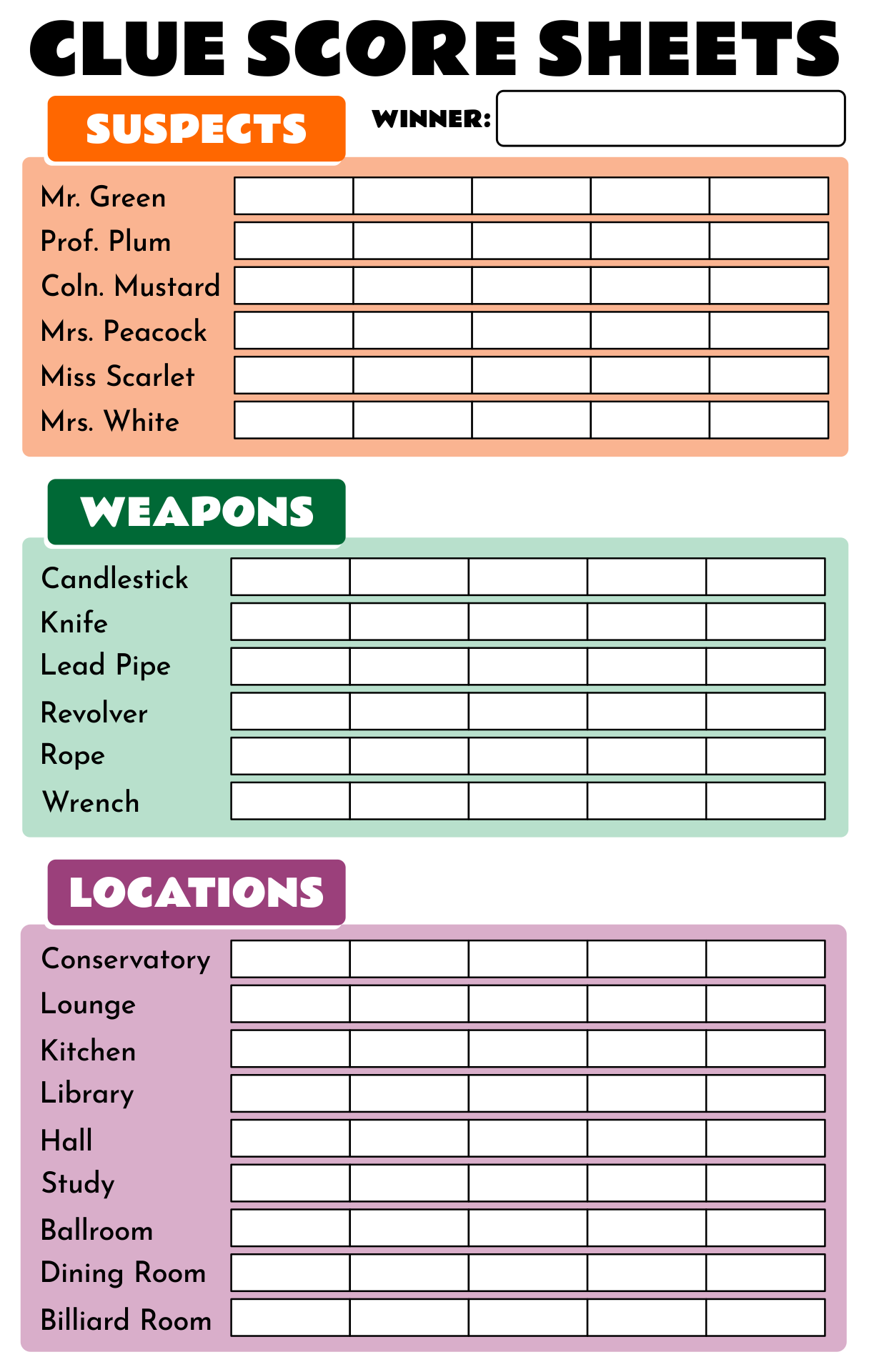 7 Best Images of Printable Board Game Clue Sheets Clue Game Sheets