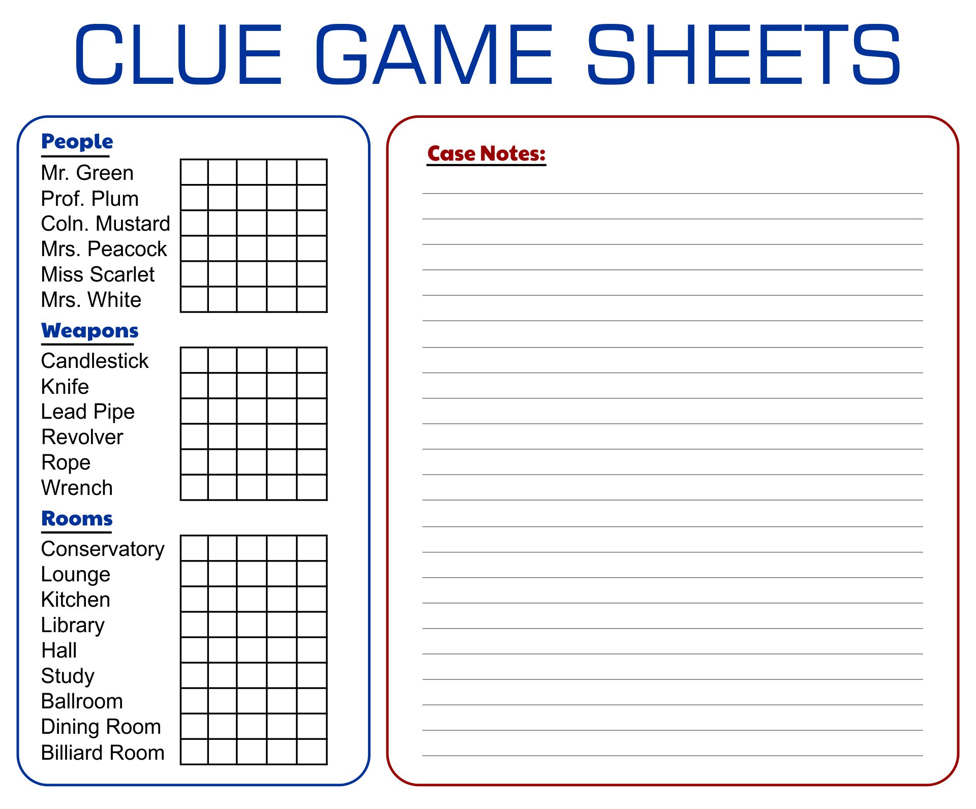 Clue Score Sheet Printable