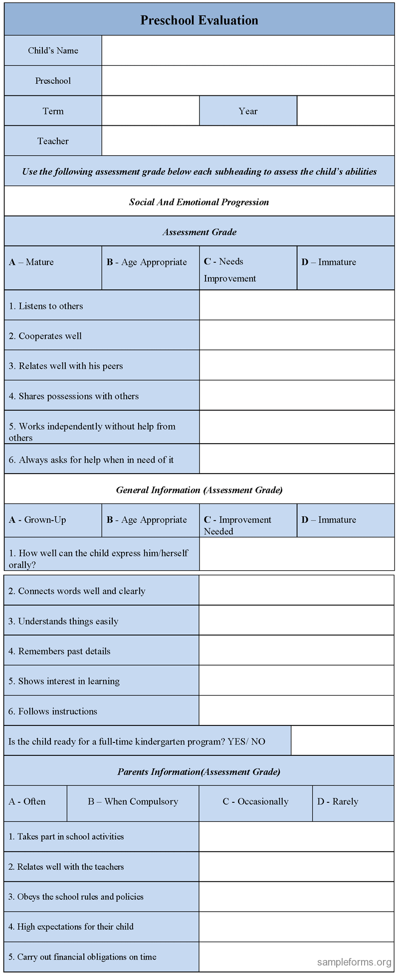 Free Printable Preschool Teacher Evaluation Forms - Expectare Info