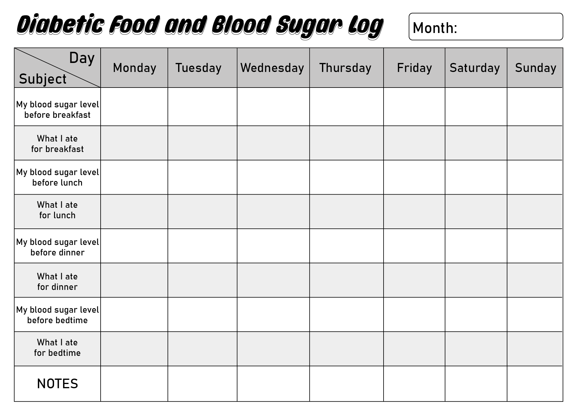 Template Blood Glucose And Food Log Printable