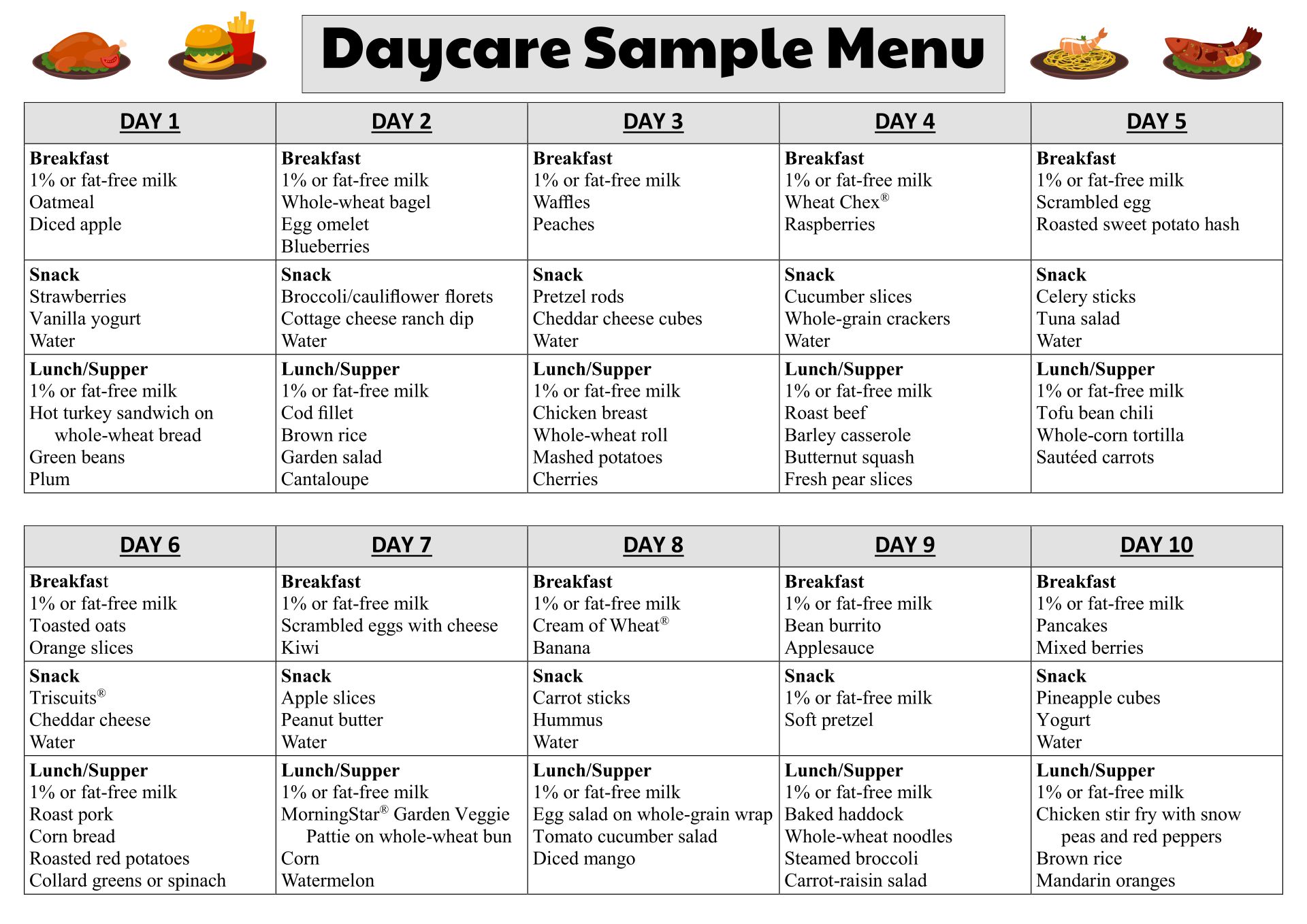 Daycare Menu Template