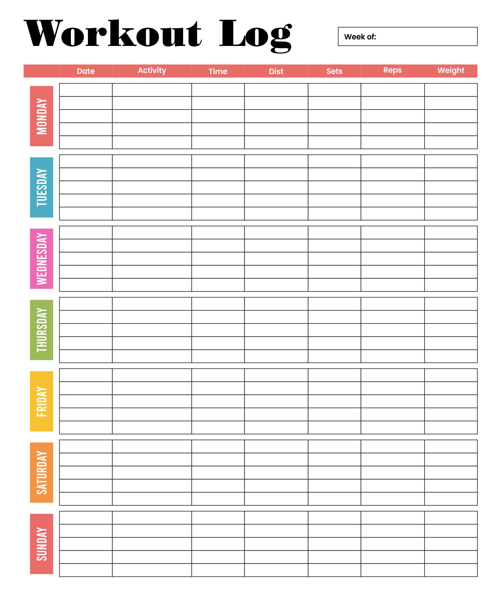 5 Best Images Of Weekly Exercise Chart Free Printable Templates Free Printable Weekly Weight