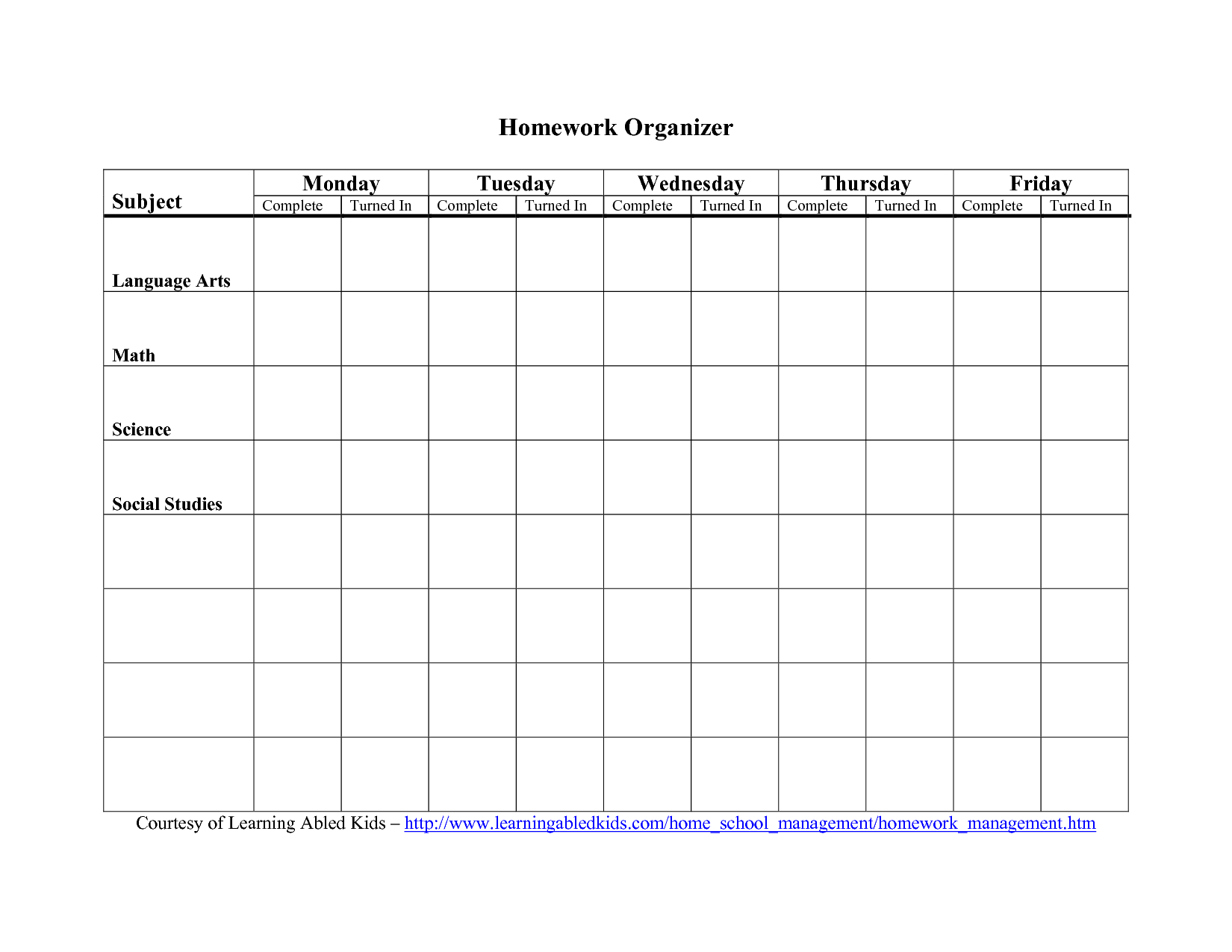 Printable homework planner template