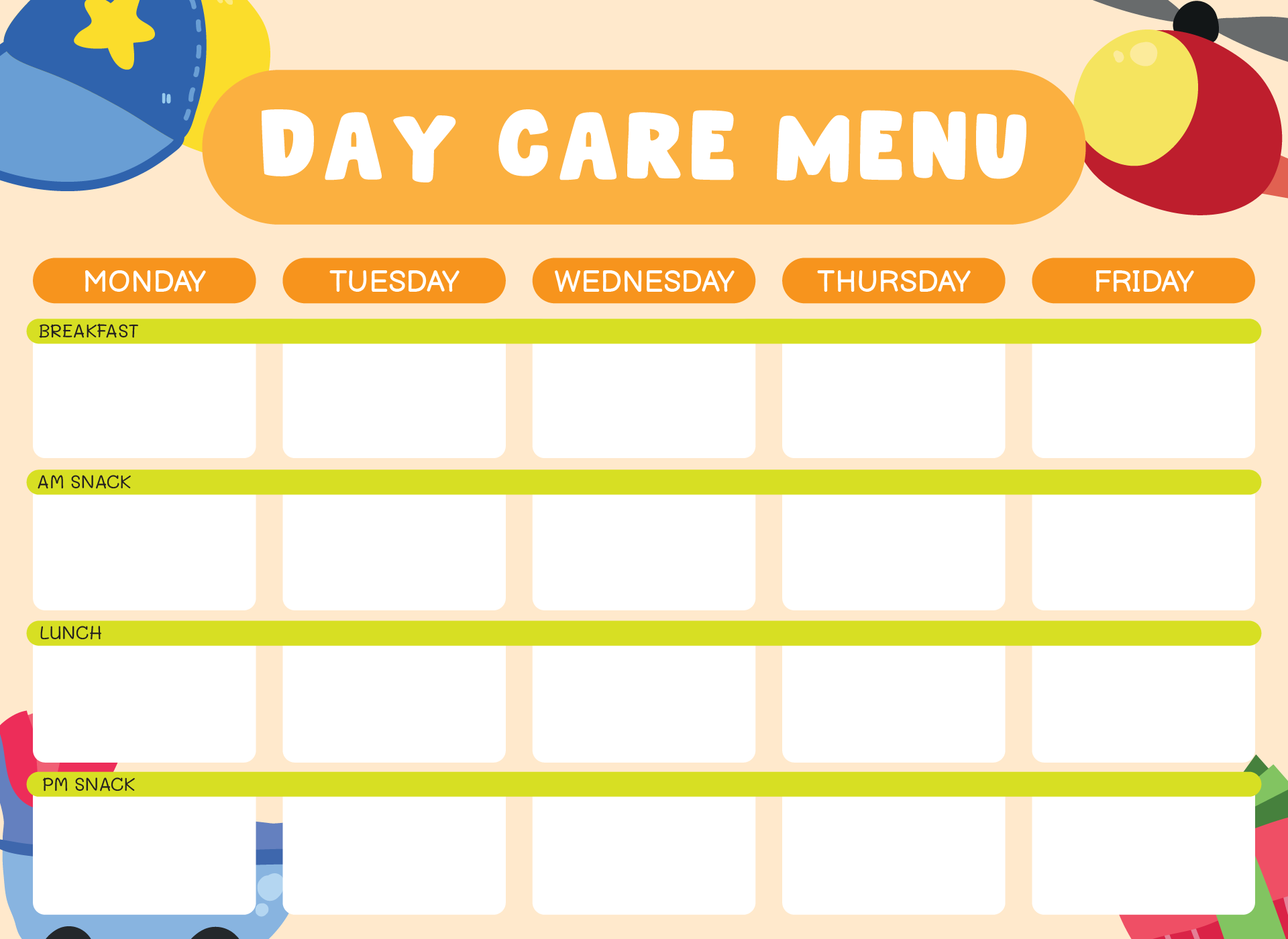 Printable Fillable Weekly Menu Template For Daycare