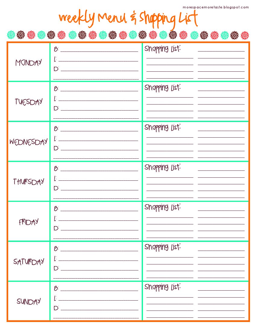 Weekly Menu Grocery List Template