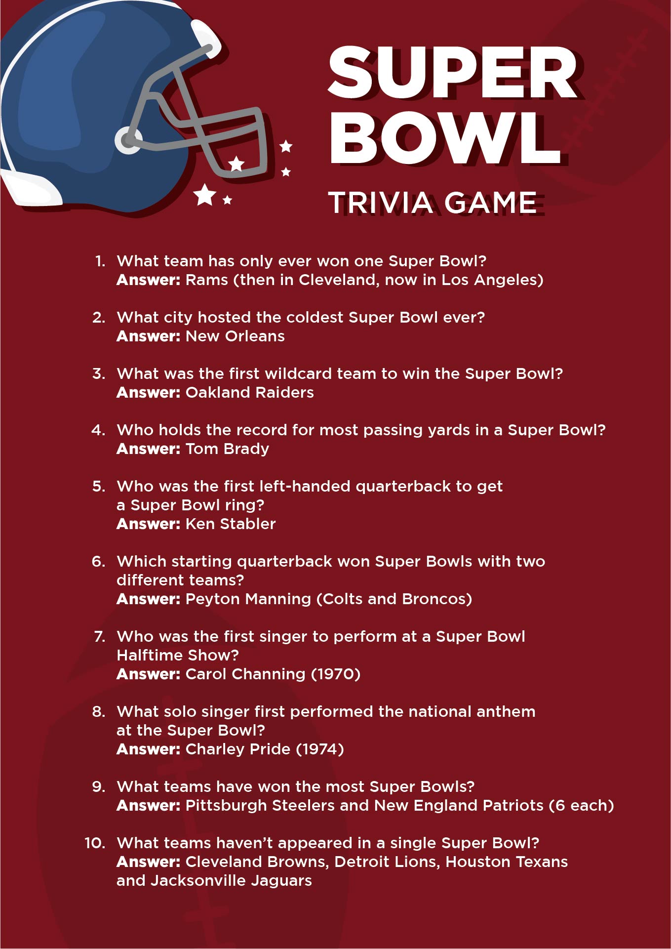 Free Printable Super Bowl Trivia Questions And Answers Printable