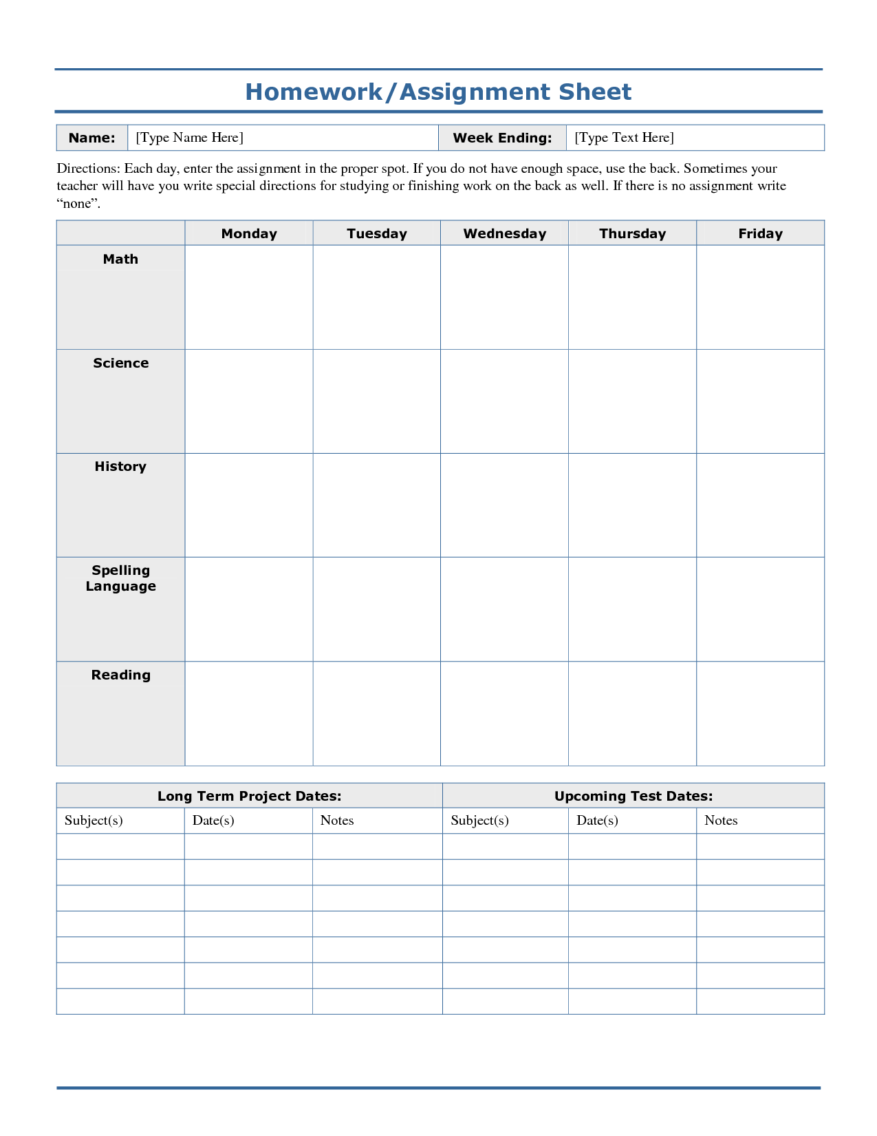 weekly homework assignment sheet printable