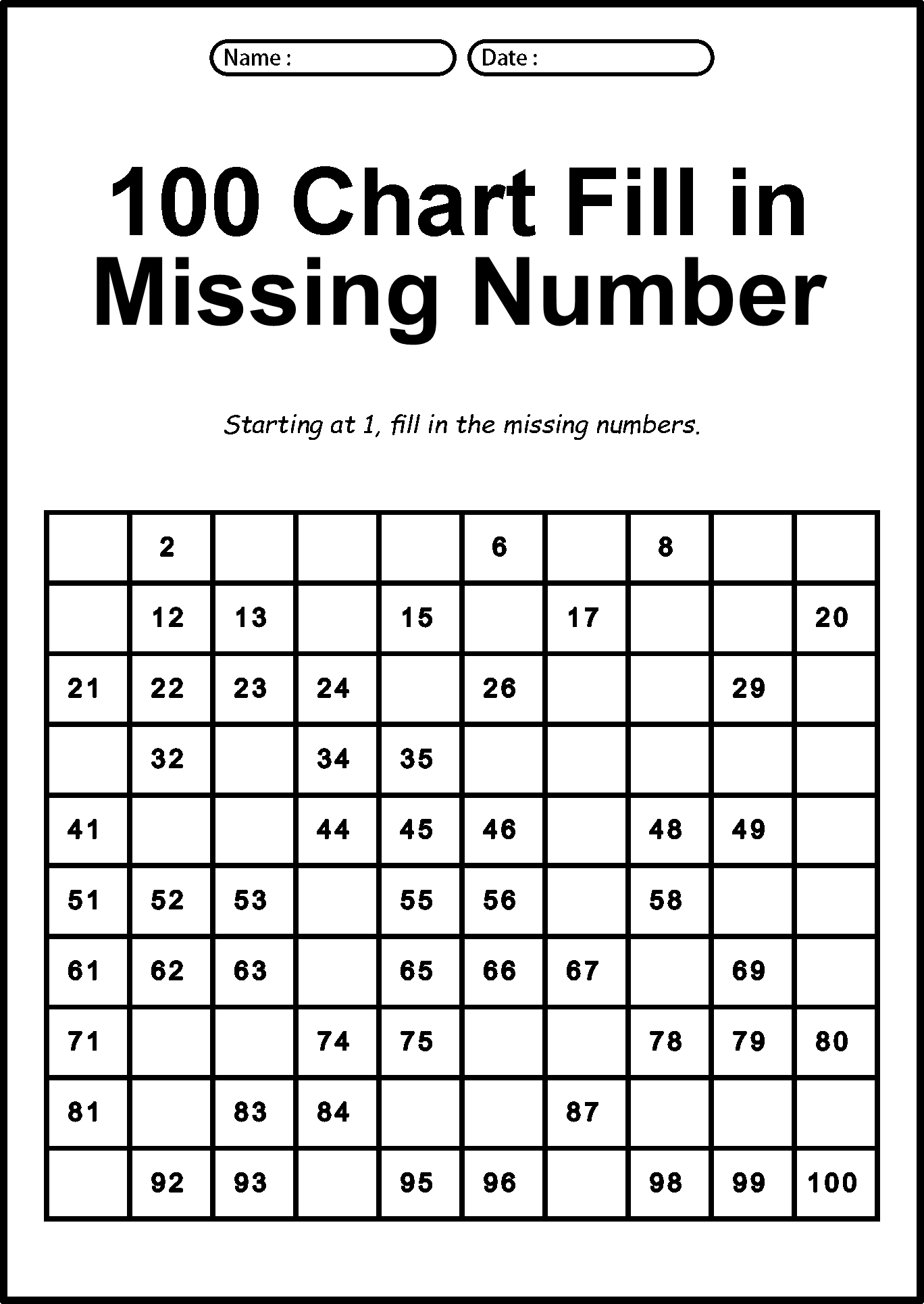 Fill In The Missing Numbers Worksheets