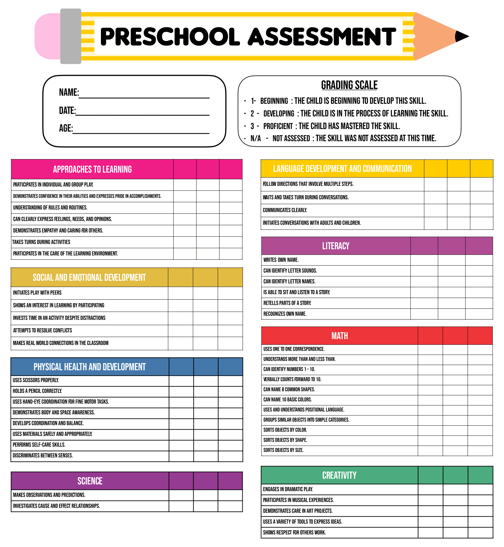 Free Preschool Assessment Template Free Templates Printable