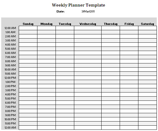 24 Hour Weekly Timetable Template