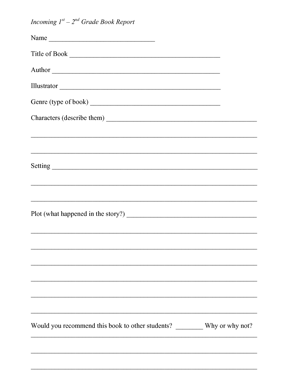 Book Report Template 2nd Grade