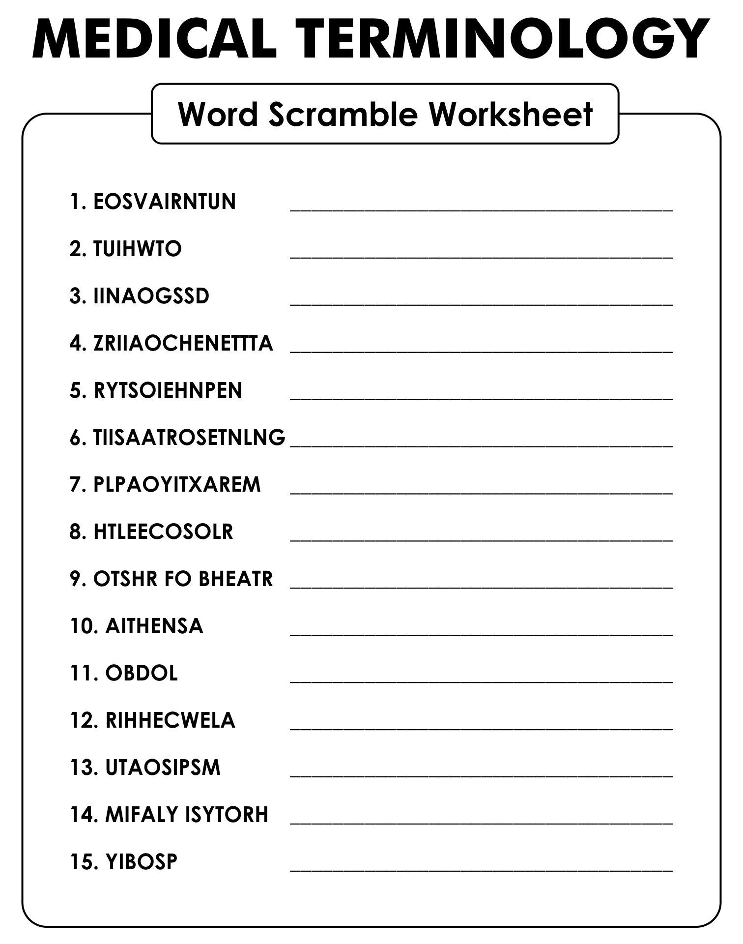 Medical Terminology List Printable