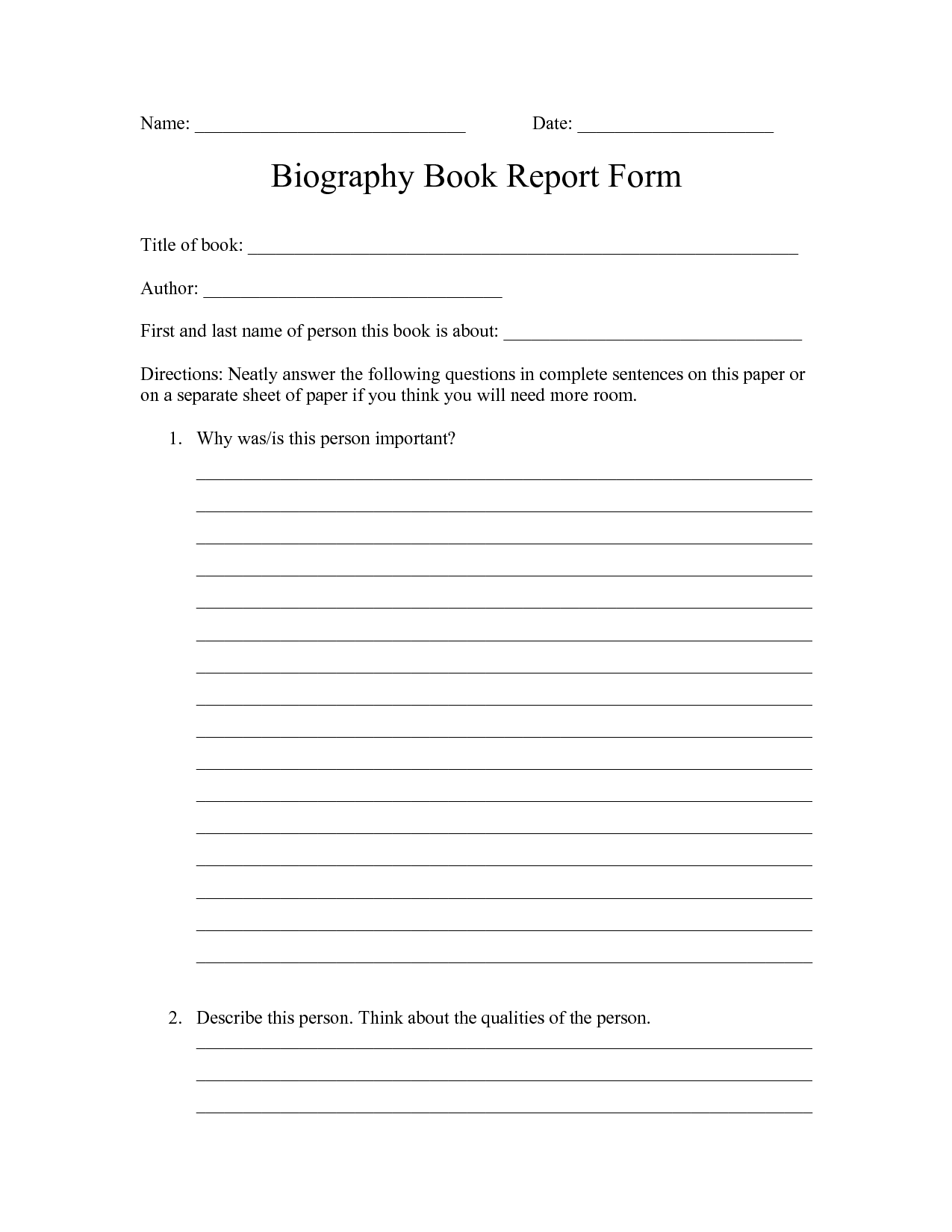 Biography Book Report Template