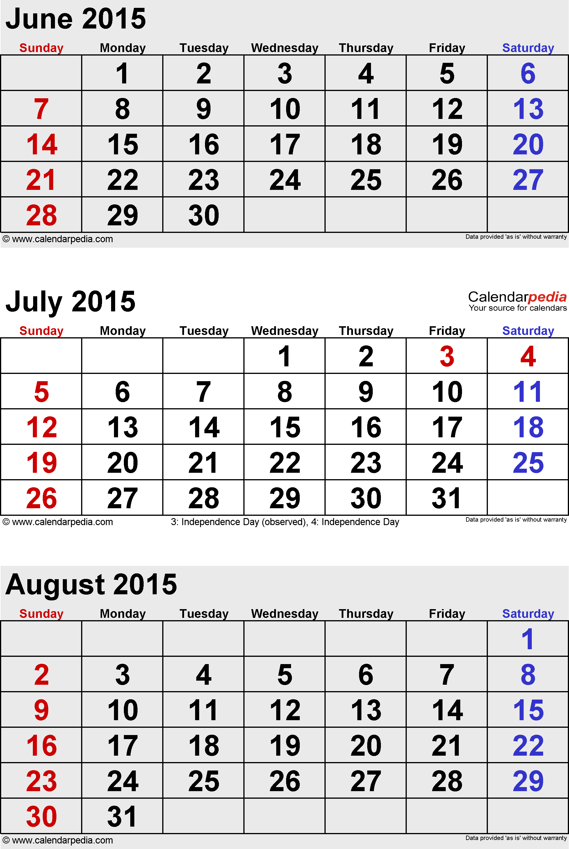8 Best Images of June July August 2015 Calendar Printable - June July