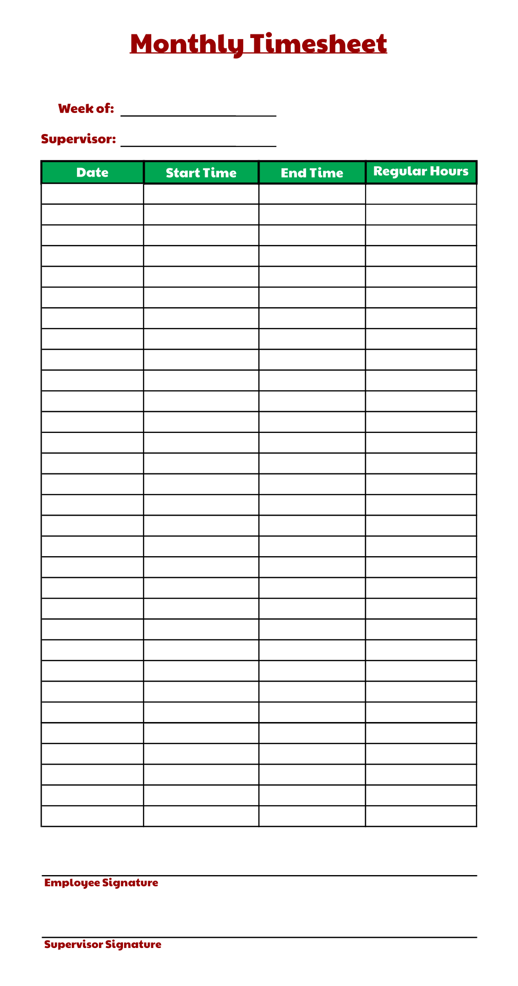 Monthly Timesheet Template Free Printable