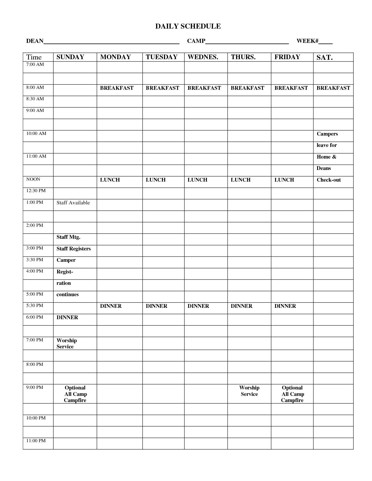 Printable Blank Daily Schedule Template