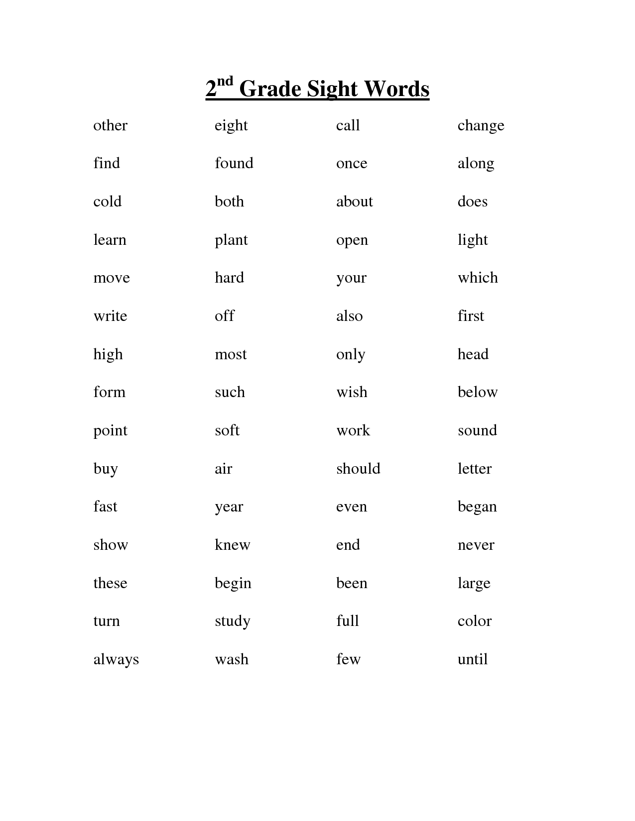 Free Printable Sight Words For 2nd Grade