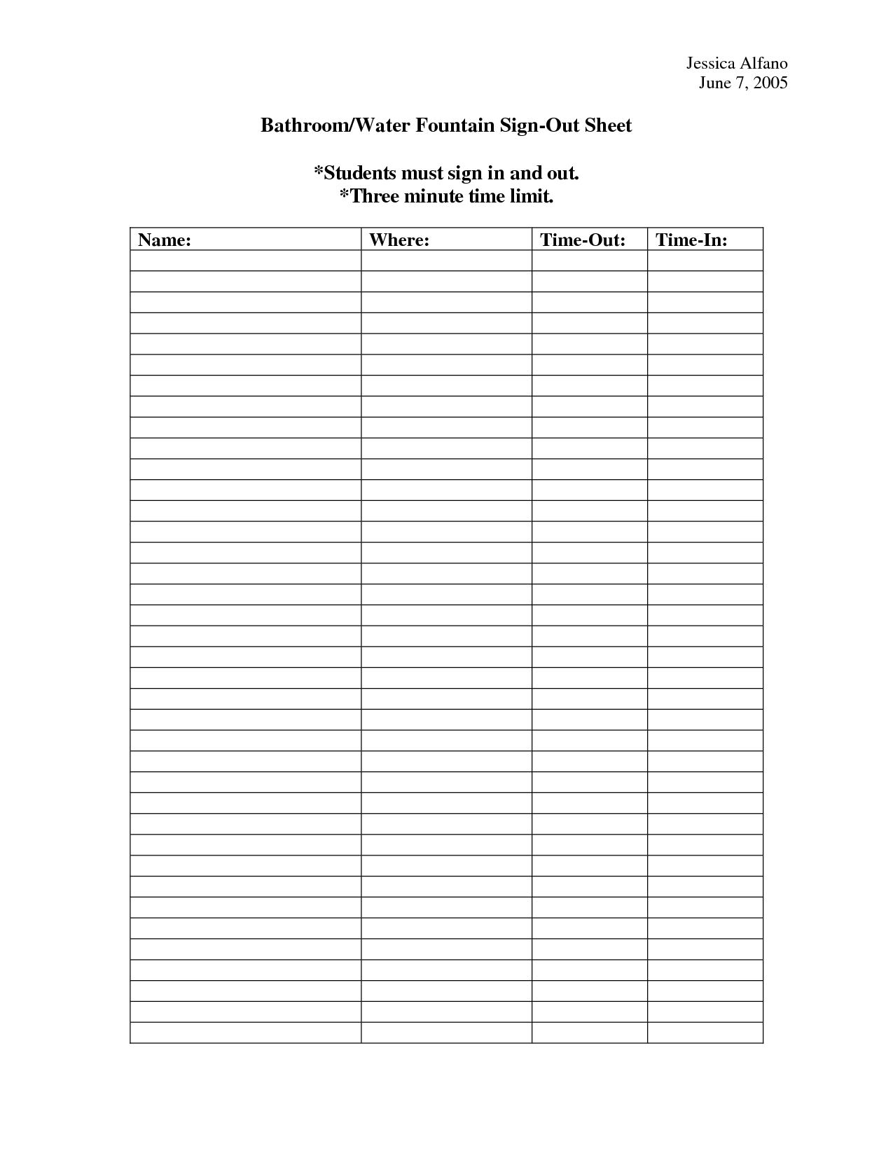 Free Printable Bathroom Sign Out Sheet Elementary School Pdf