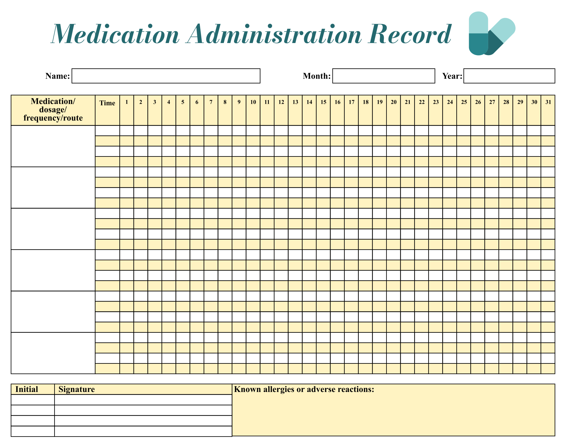 Download Blank Medication Administration Record Template Gantt Chart