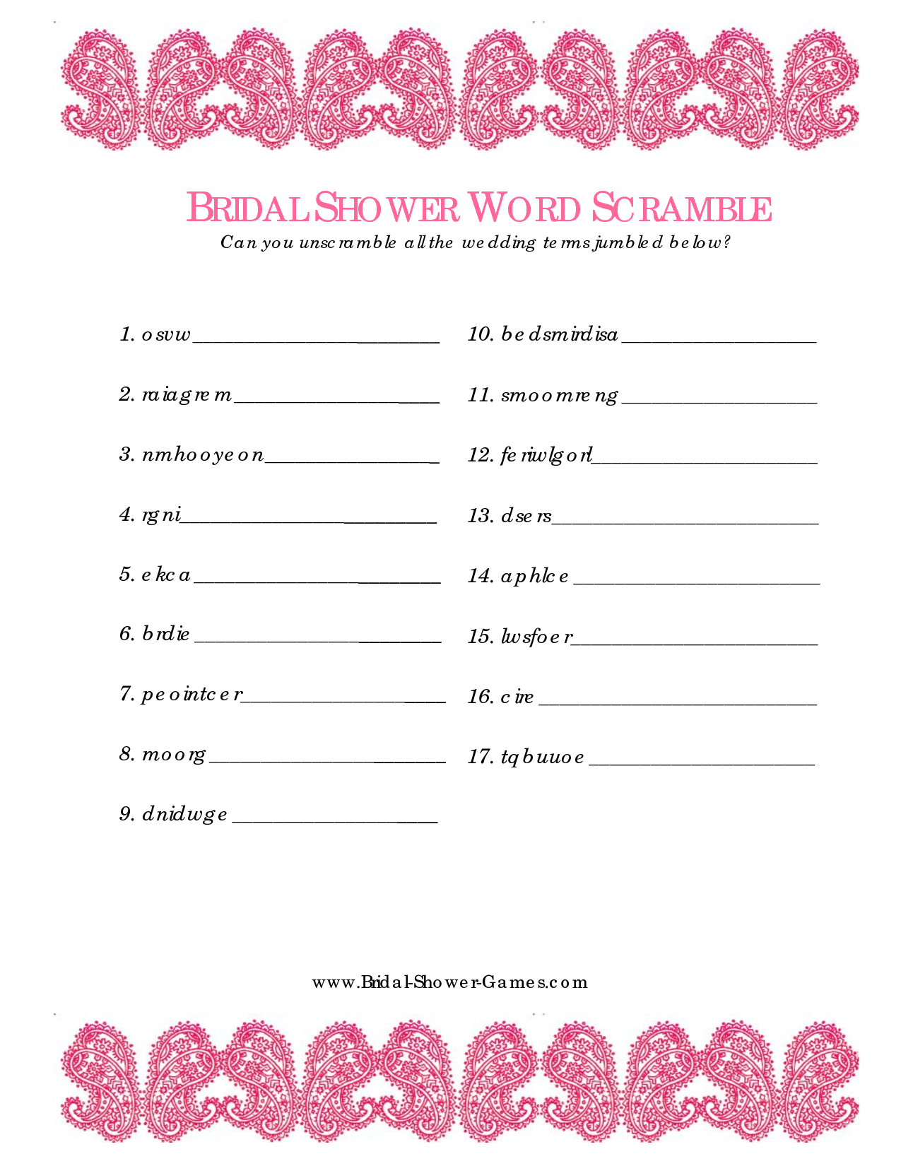 Bridal Shower Games Printable Cards