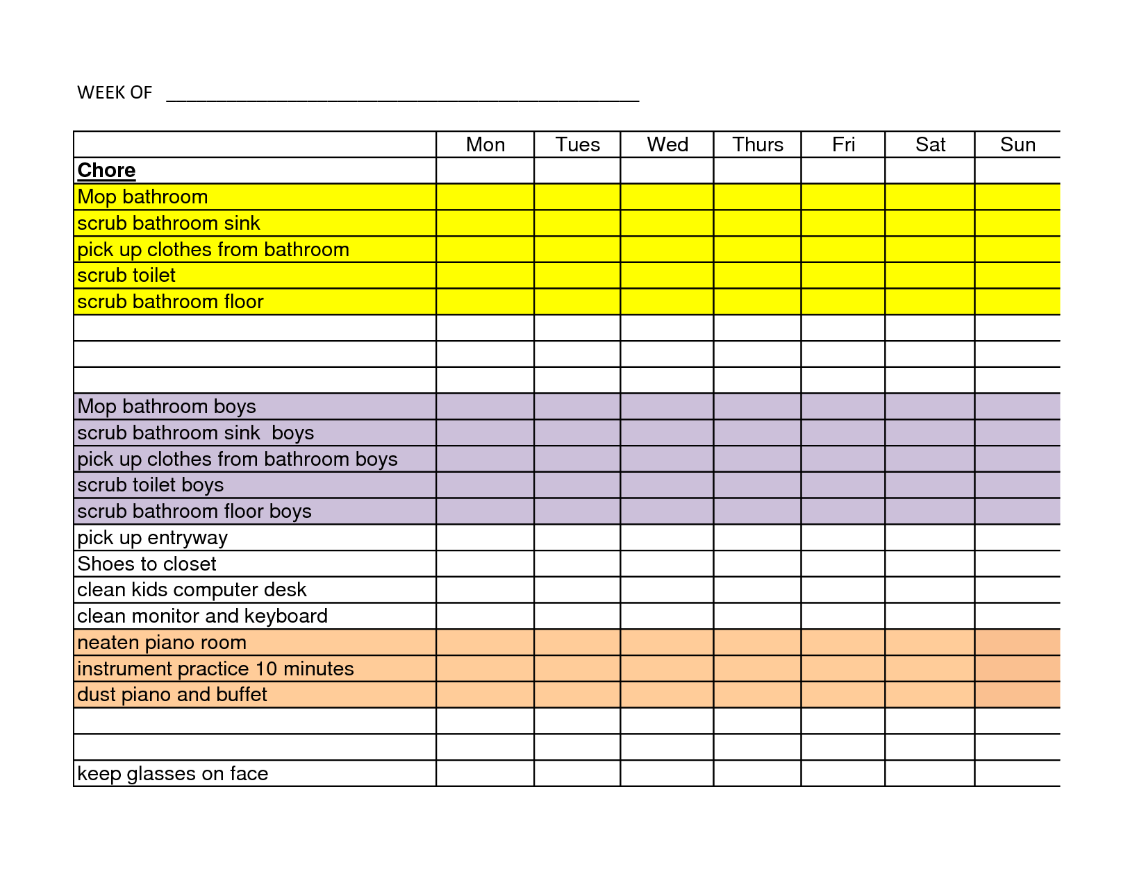 Free Printable Chore Chart Template Word