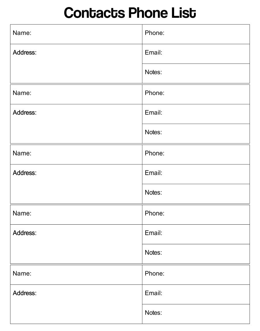 Printable Phone Number List