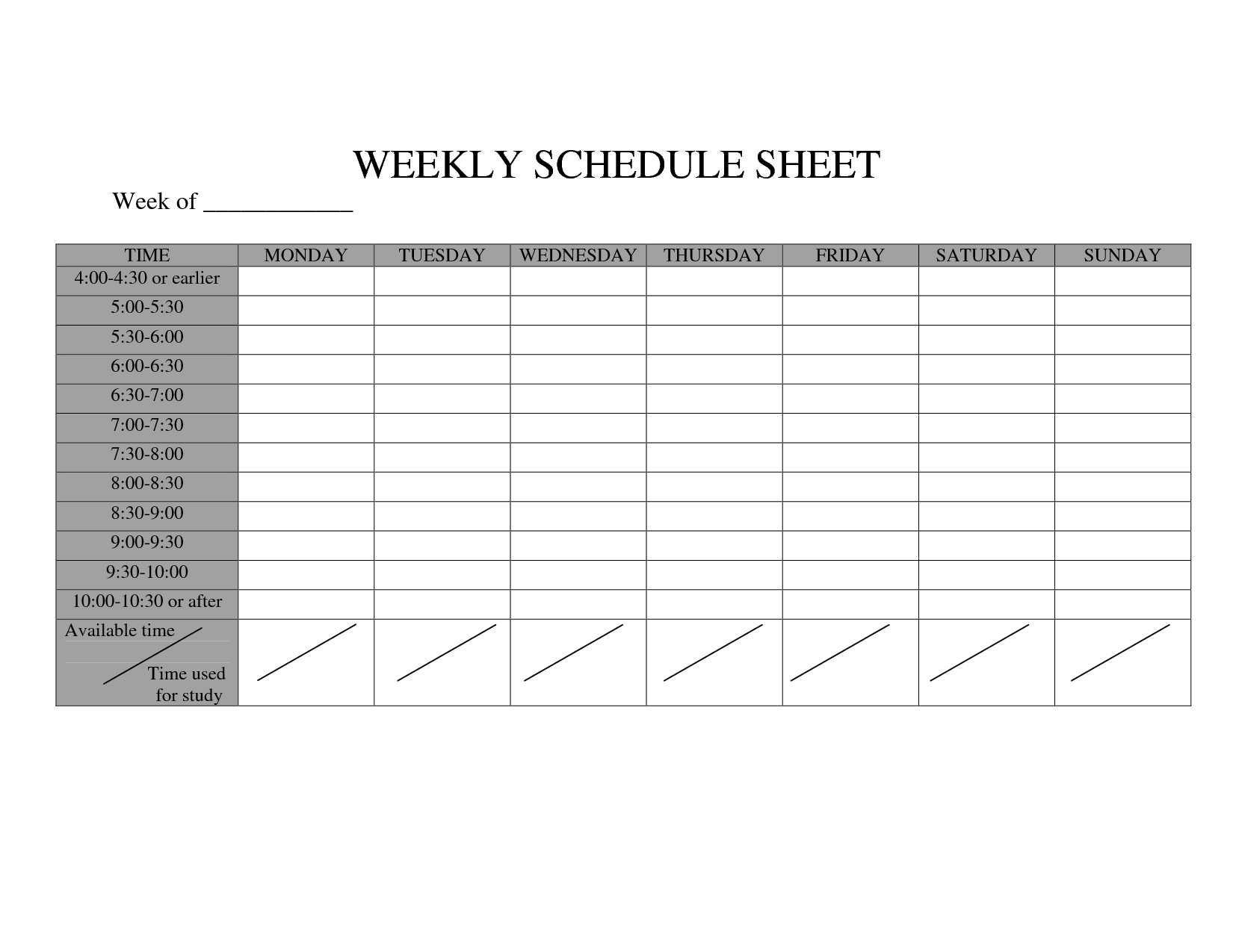 Weekly Schedule Sheet Printable