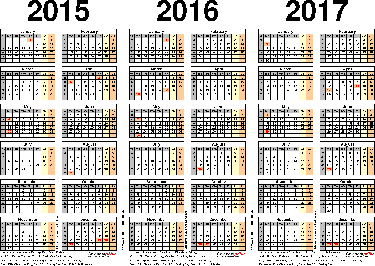 Weekly Year Calendar 2016