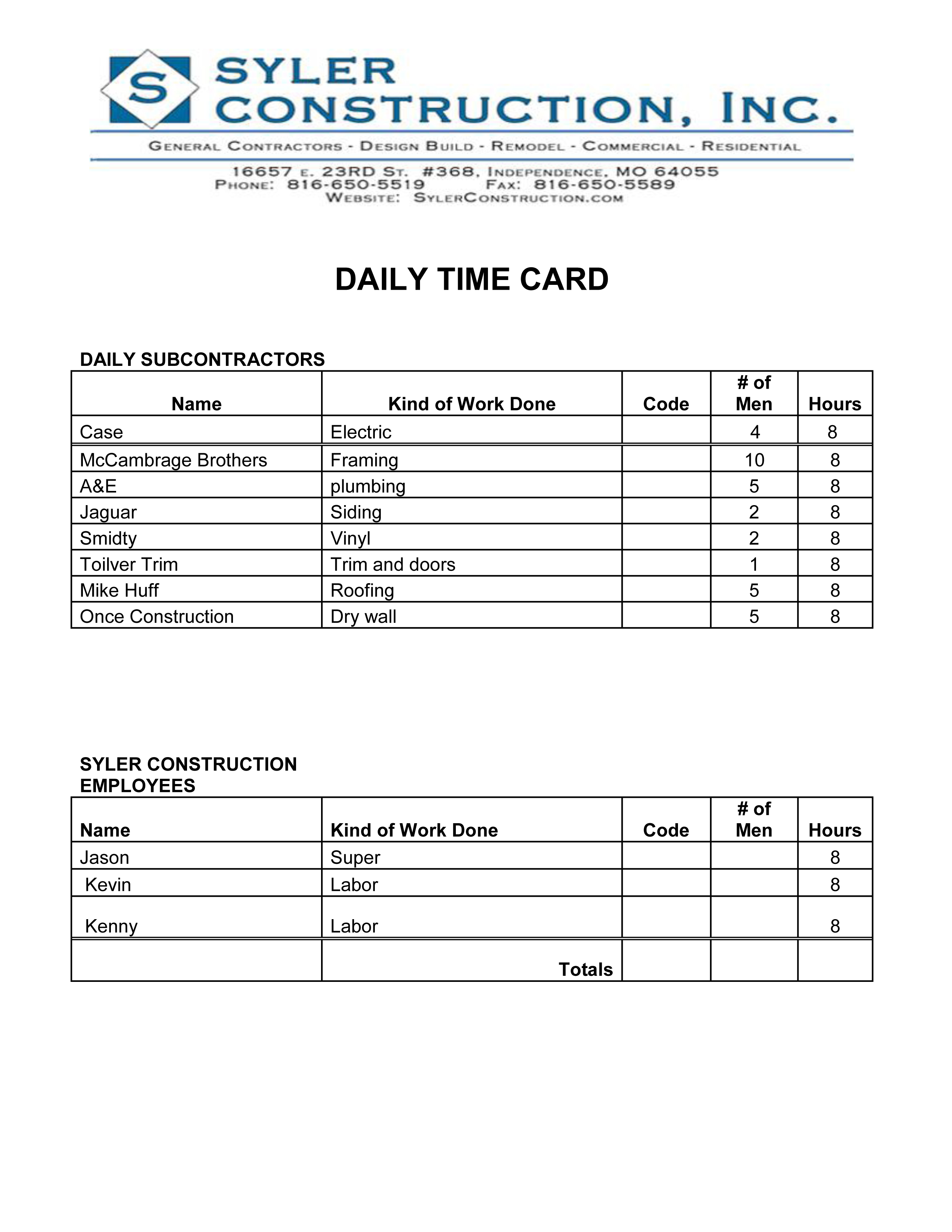 Construction Time Card Template