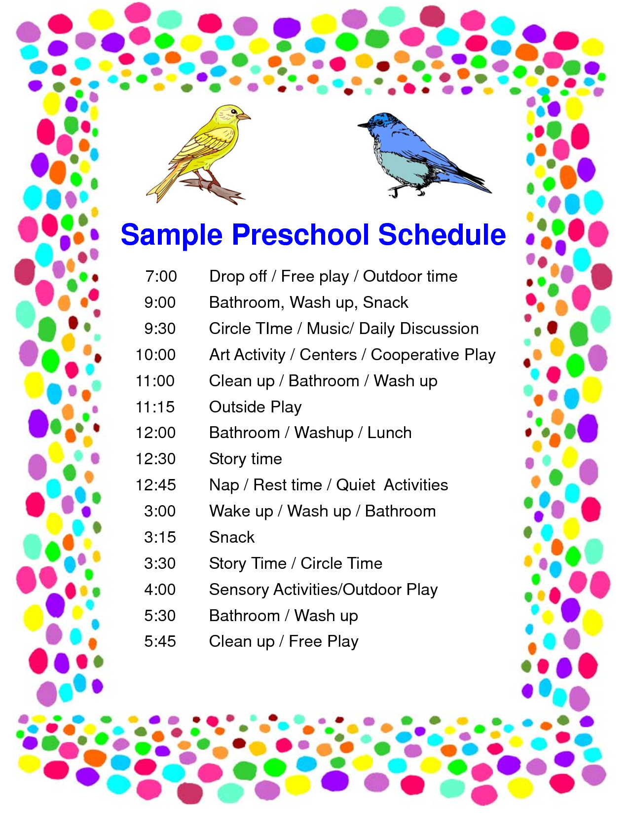 Daily Schedule For Preschool Classroom