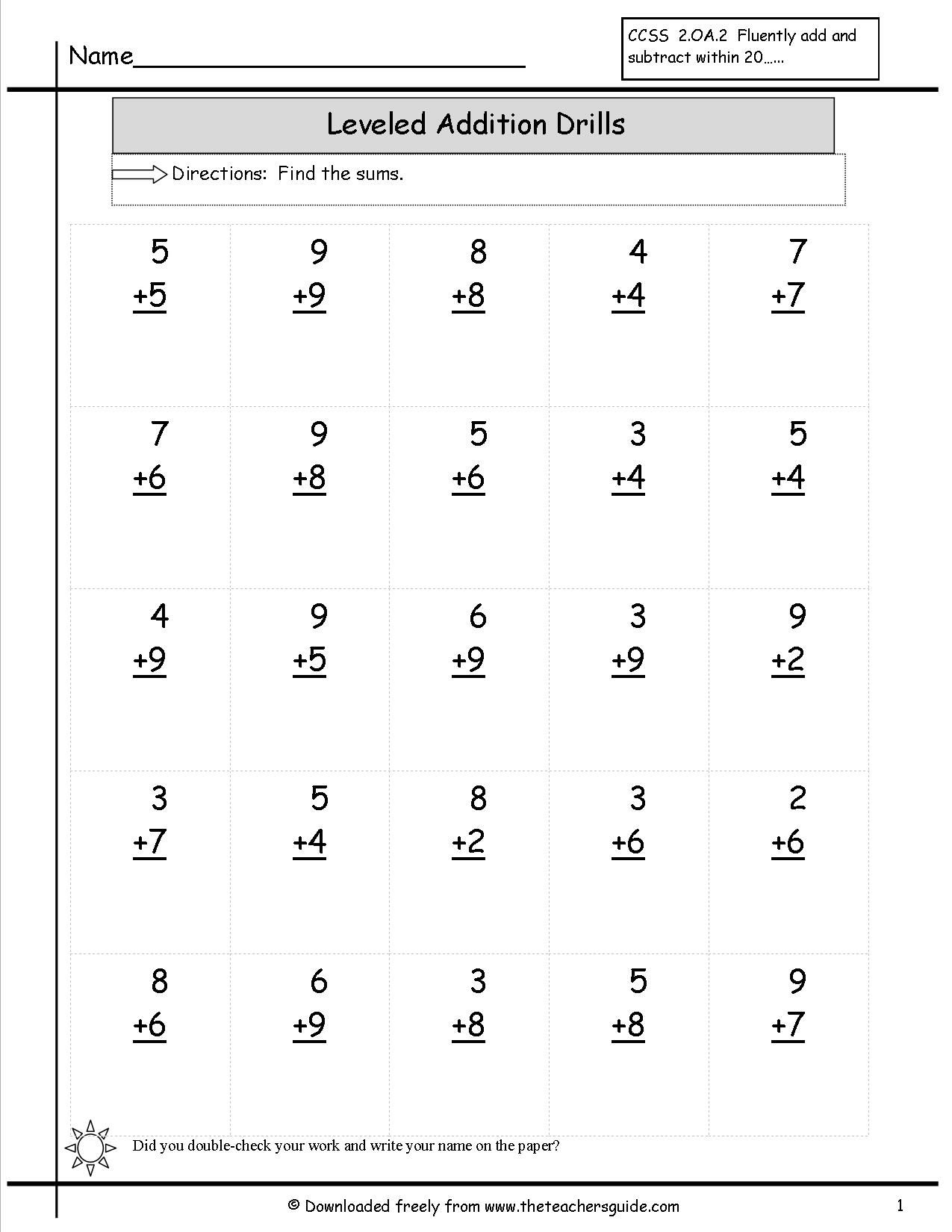 7 best images of printable math addition drill worksheets first grade