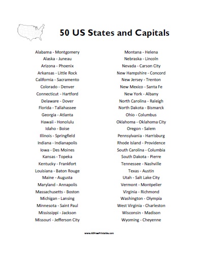 Printable List Of 50 States And Capitals