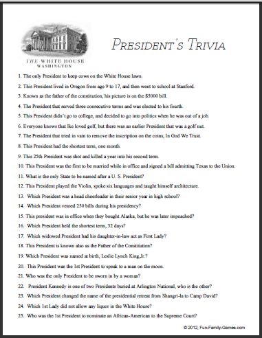 5 Best Images of Printable President Trivia - Presidents Day Trivia