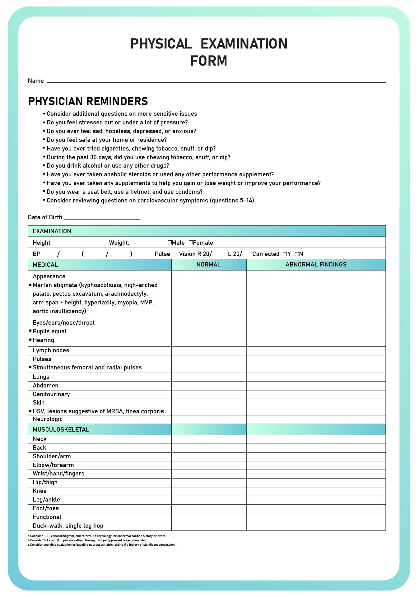 Free Printable Physical Exam Forms Printable Blank World