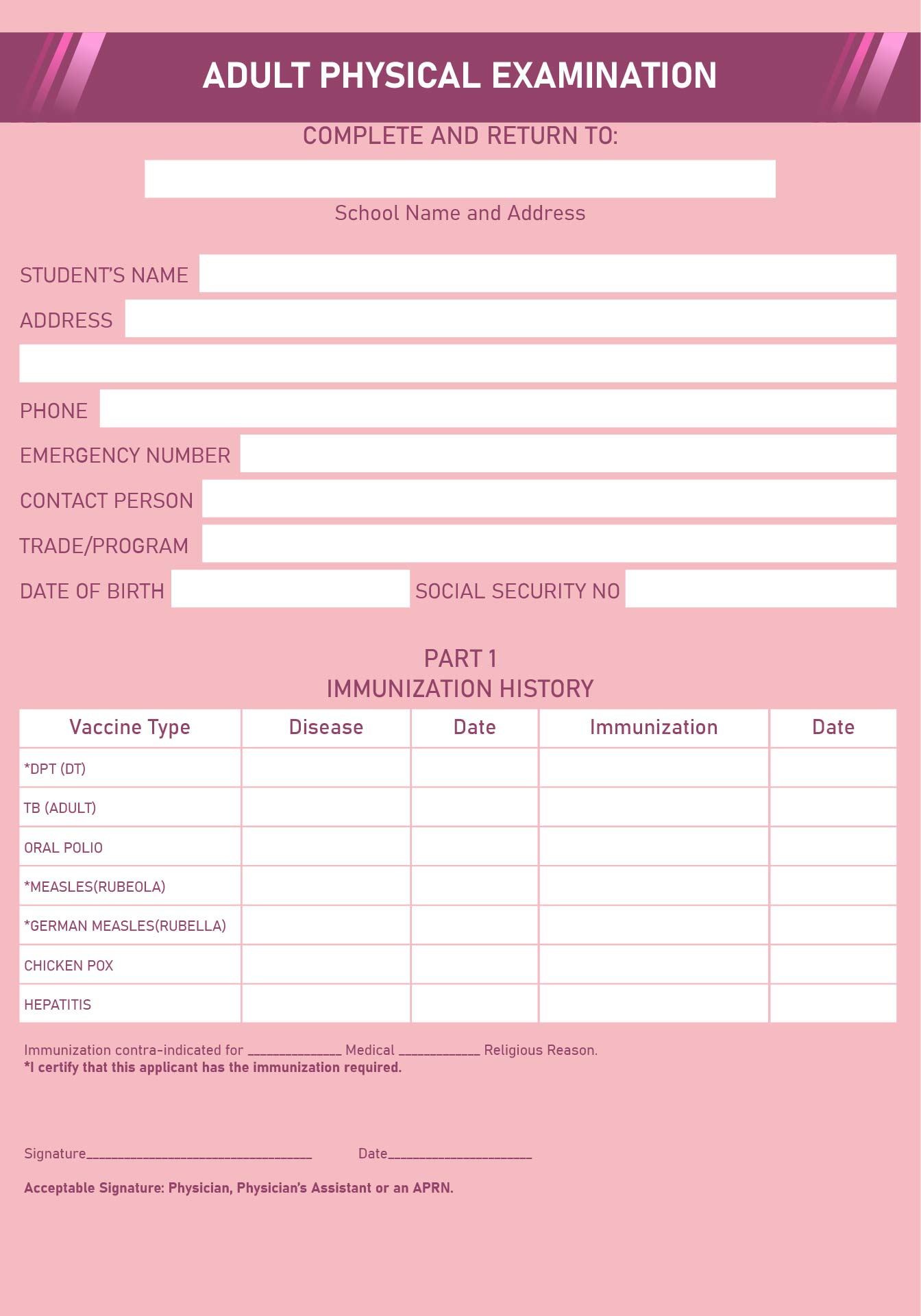 Printable Physical Exam Form Printable Forms Free Online