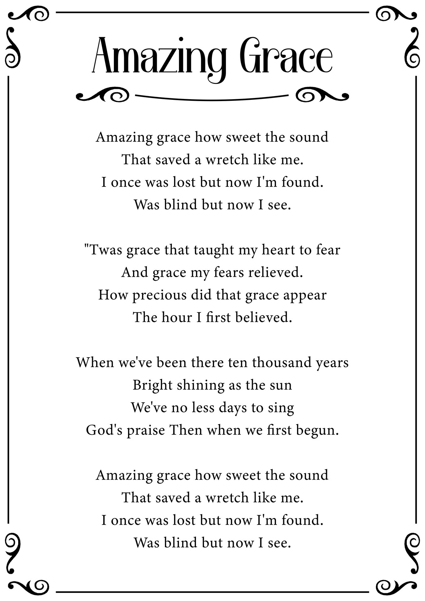 Amazing Grace Printable Lyrics Printable Word Searches
