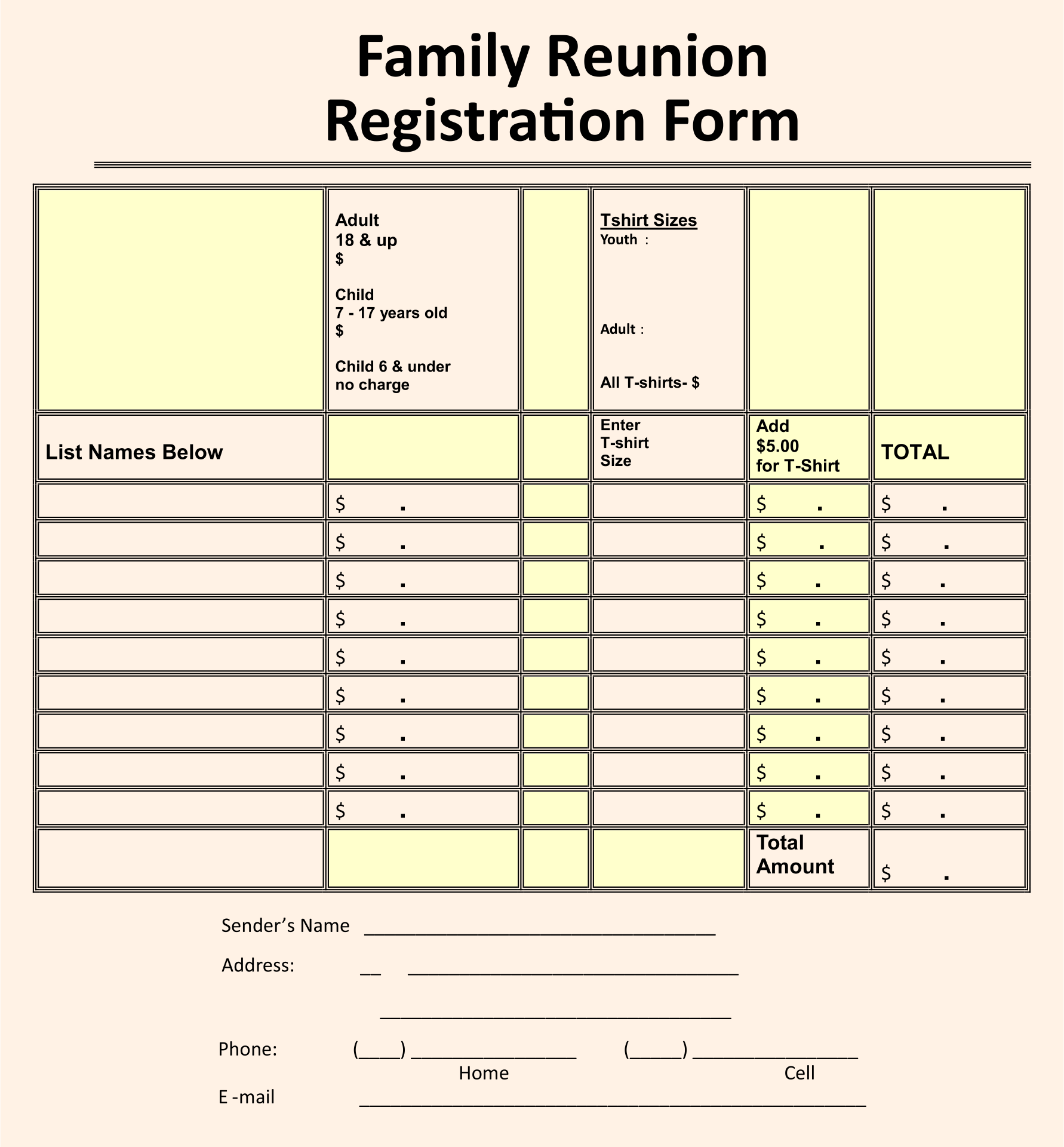 Free Printable Family Reunion Registration Forms