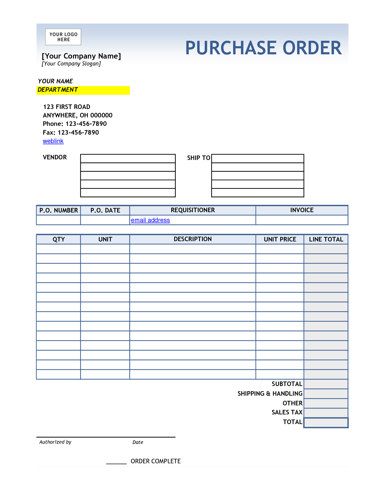 Purchase Order Template Free Download Printable Templates