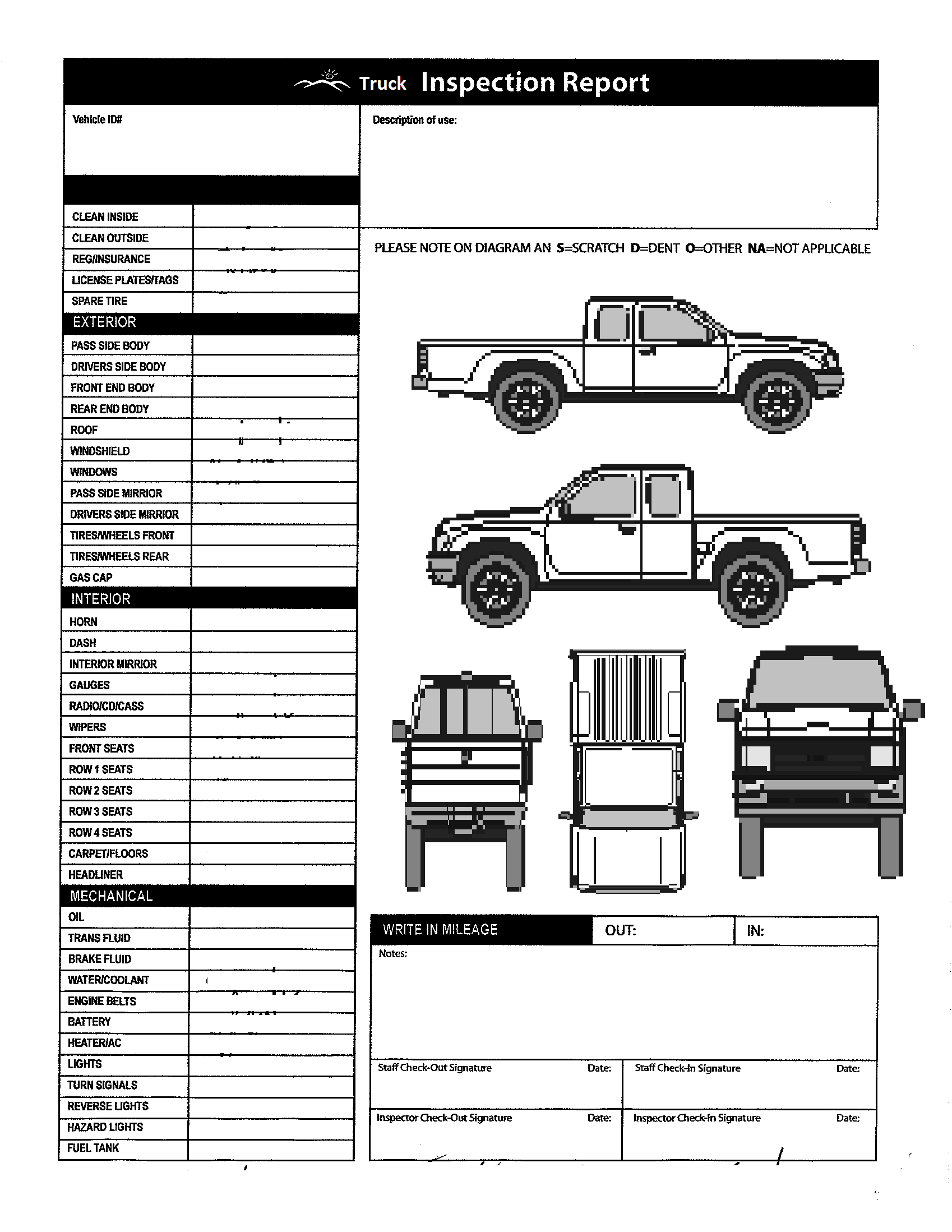 inspection checklist vehicle form template report printable daily truck pickup check list word safety damage awesome contracts regarding printablee layout