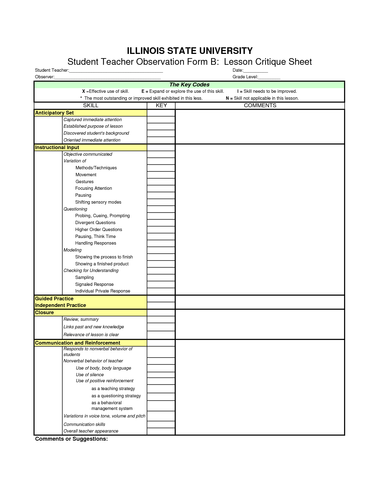 Observation Template For Students