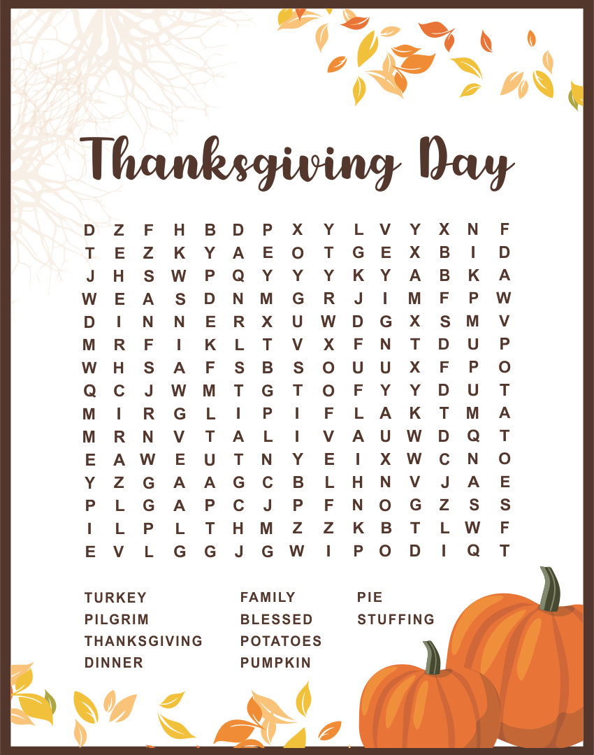 Free Thanksgiving Printable Word Search