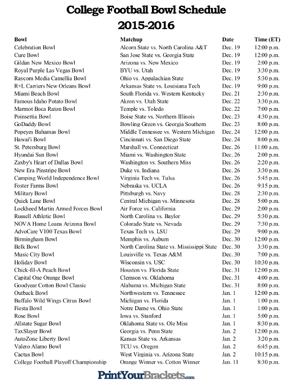 College Football Printable Bowl Schedule