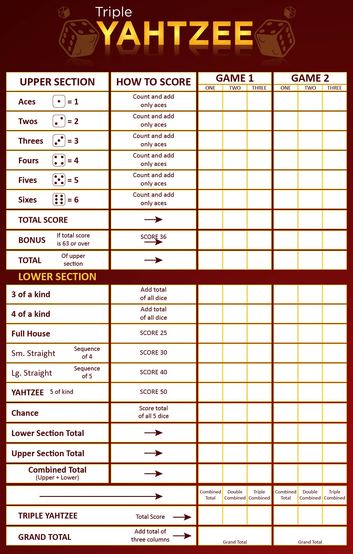 Printable Triple Yahtzee Score Sheet