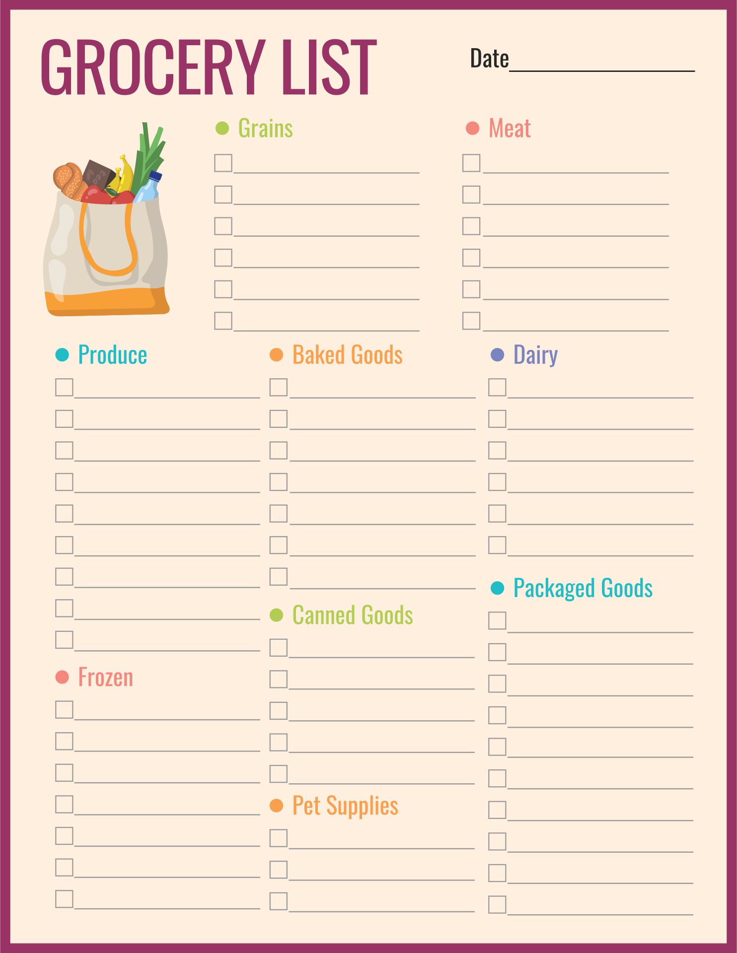 Free Printable Grocery Checklist Template