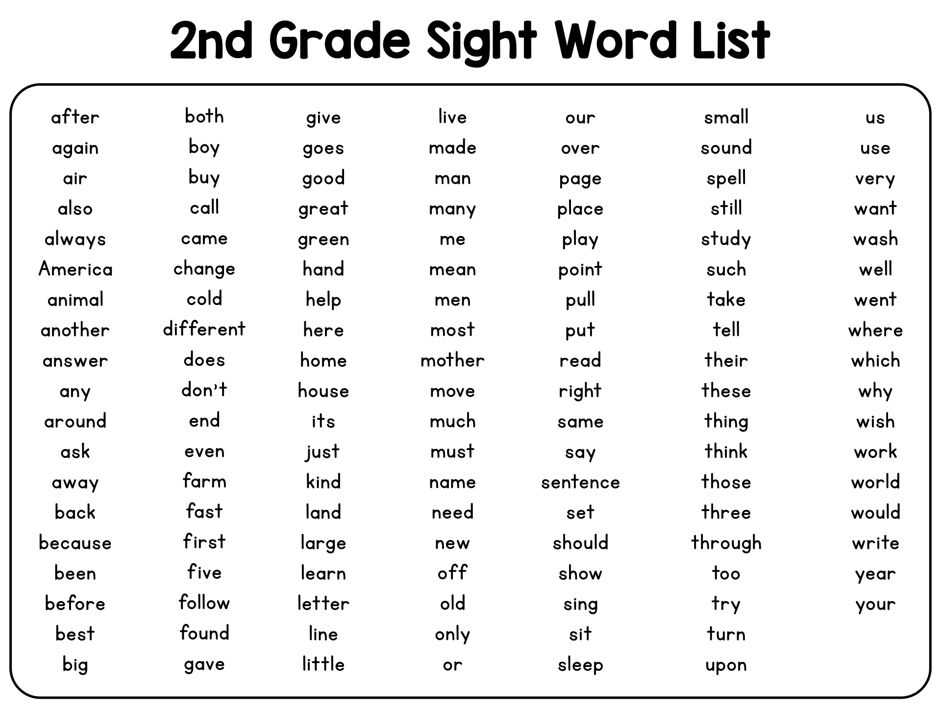 Free Printable 2nd Grade Sight Words