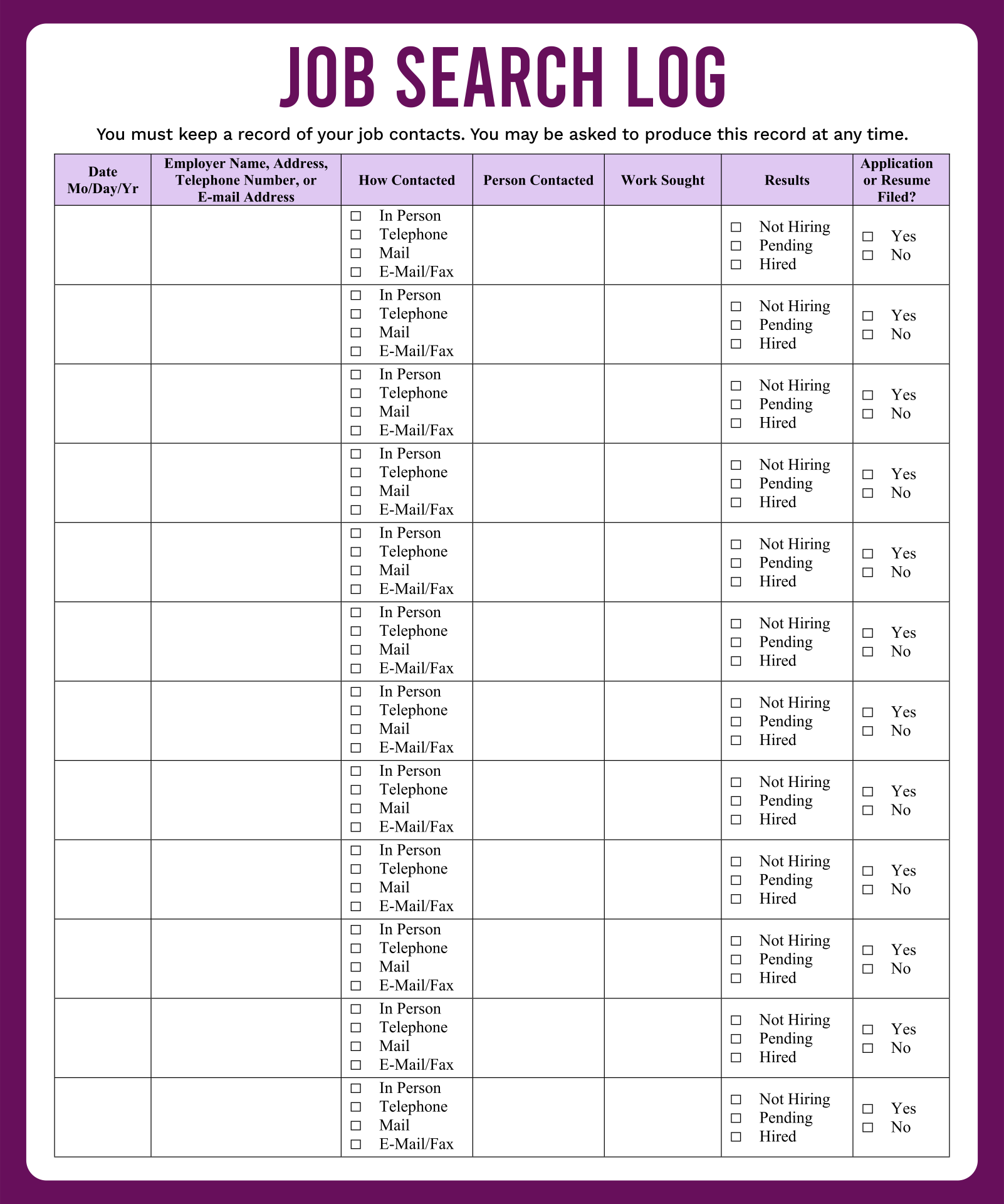 Printable Job Search Log Template